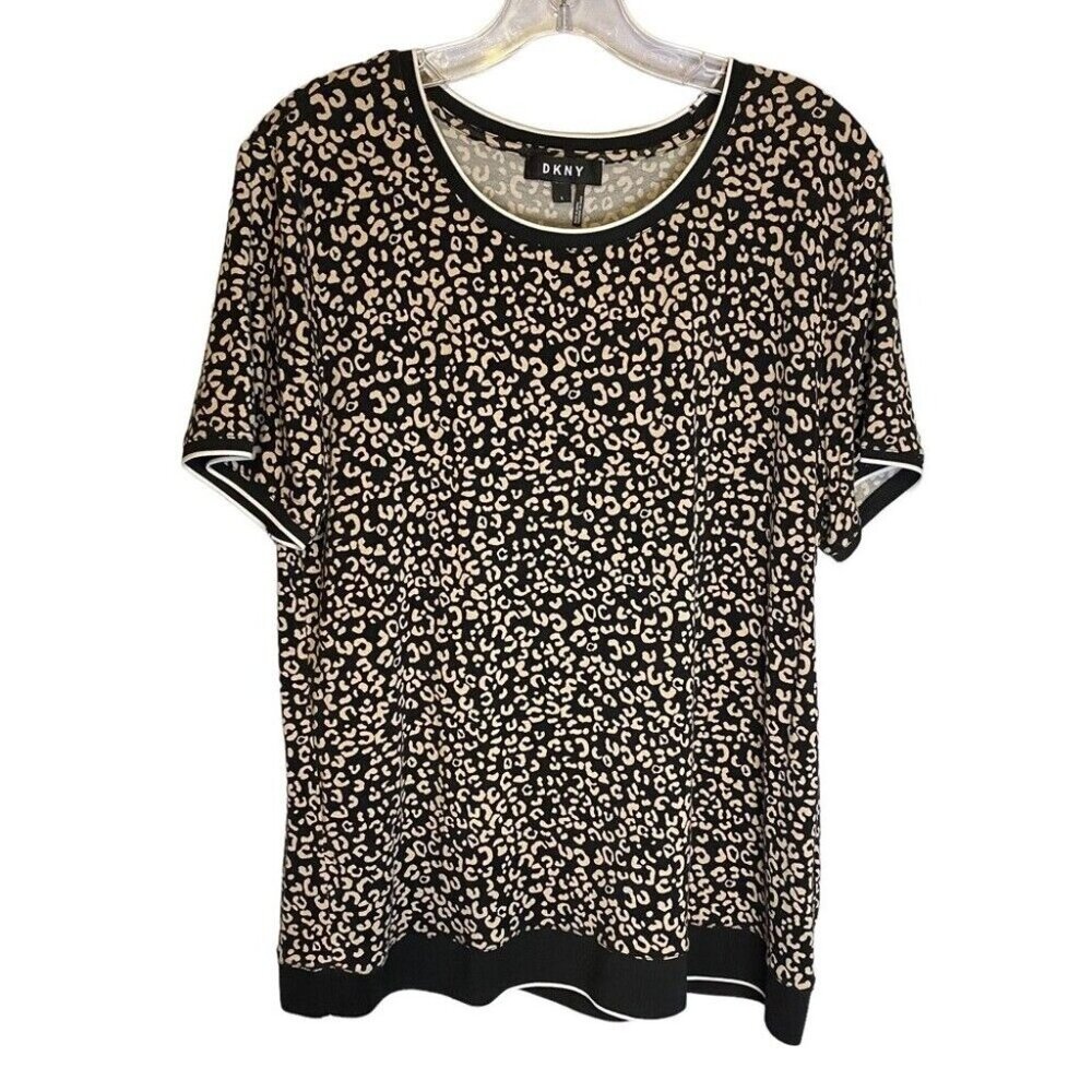 DKNY Women Large Leopard Print Short Sleeve Top Contrasting Trim Black & Beige‎